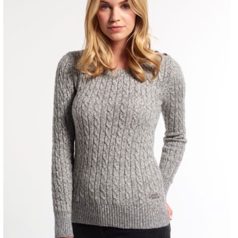 Superdry Croyde Twist Cable Crew Neck Sweater Oatmeal Gray Black Label Small